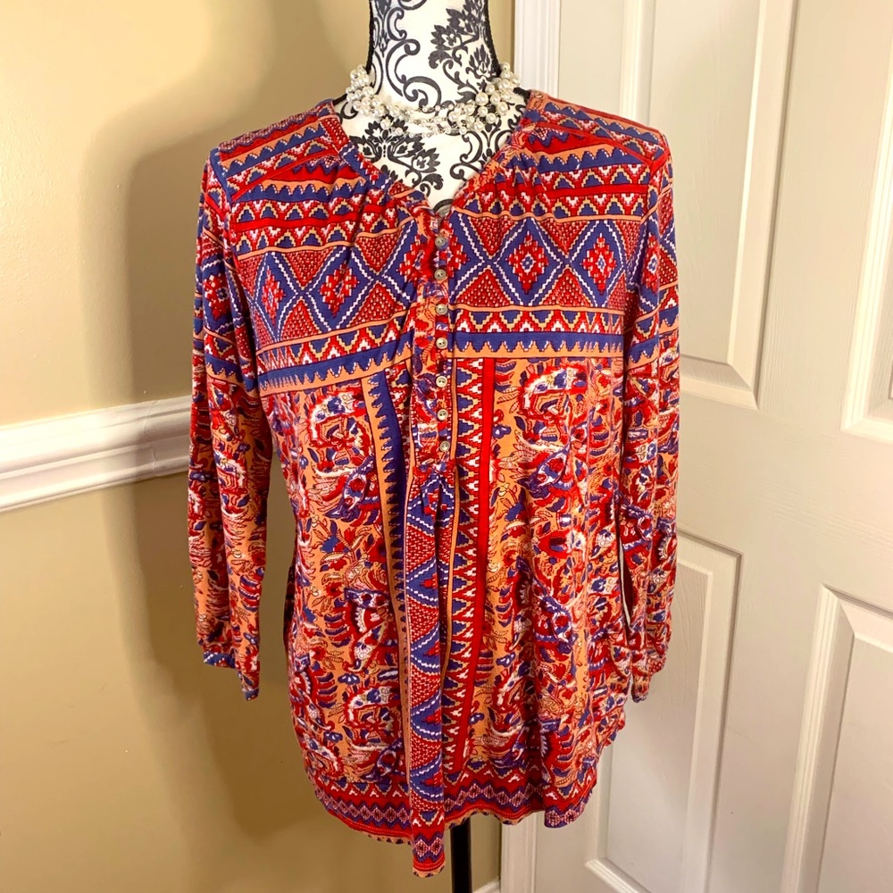 Lucky Brand Long Sleeve Red Pattern Peasant Knit Top Womens Lg.